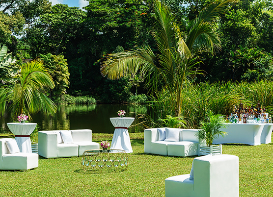 white couches and cocktail tables in a lawn